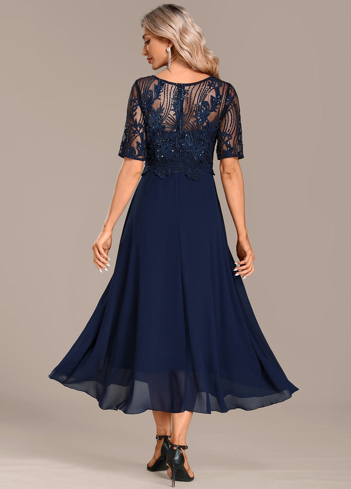 Sophie Navy Lace Short Sleeve Round Neck Dress