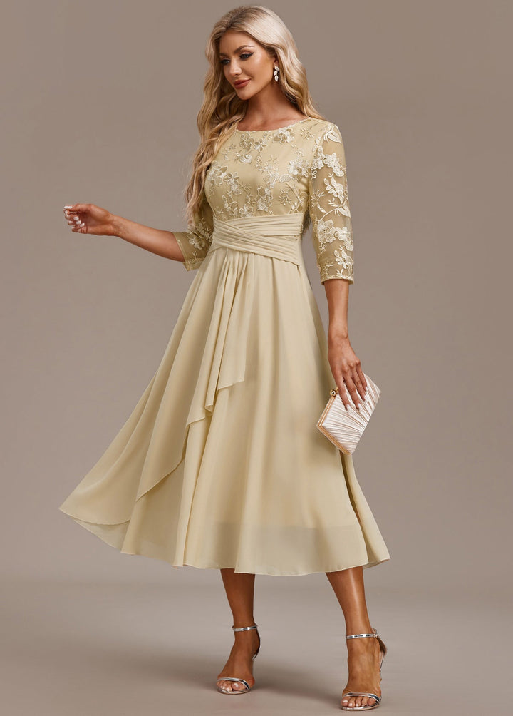Luna Champagne Embroidery 3/4 Sleeve Round Neck Dress