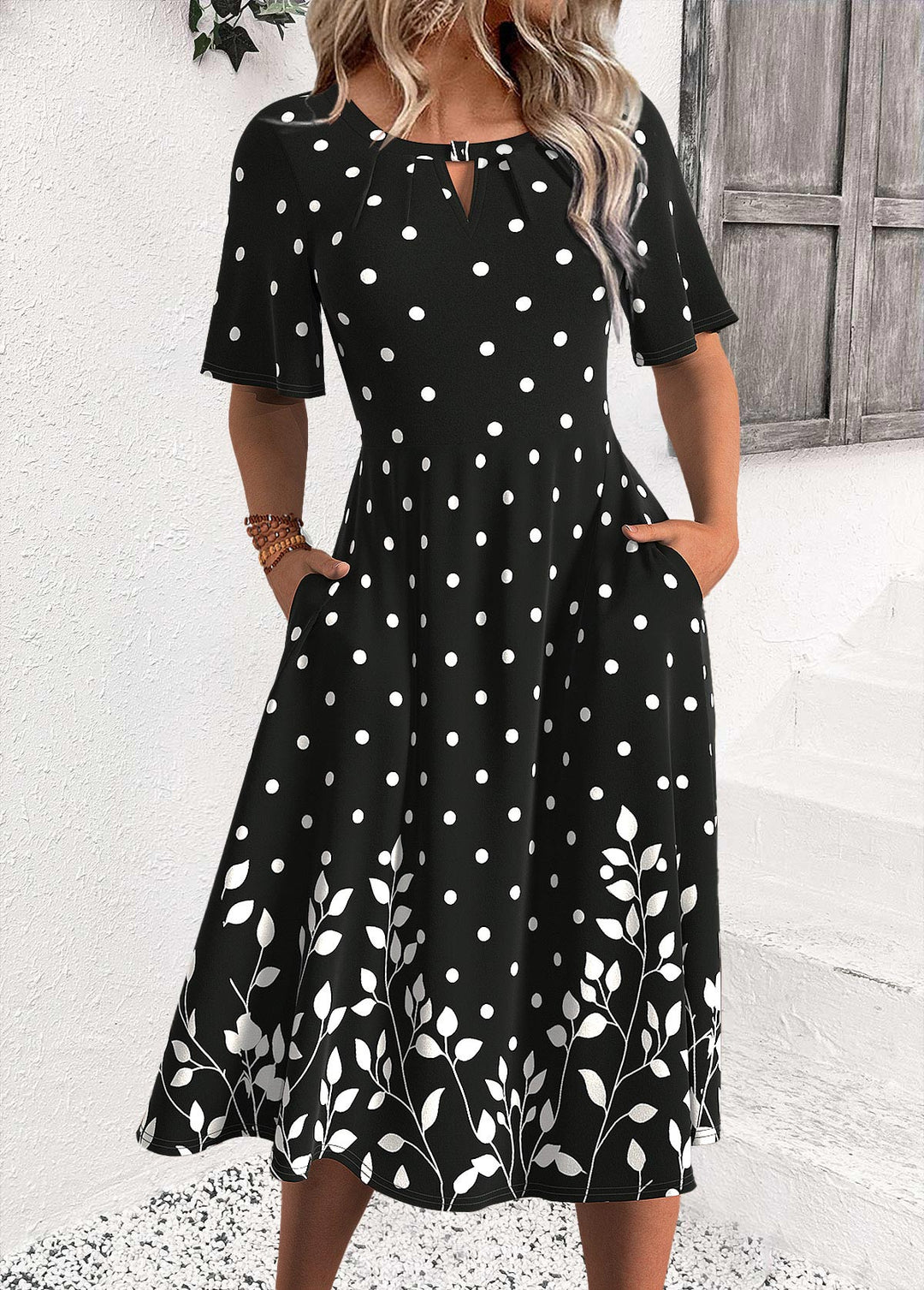 Luna Black Polka Dot Half Sleeve Round Neck Dress