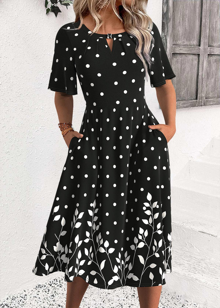 Luna Black Polka Dot Half Sleeve Round Neck Dress