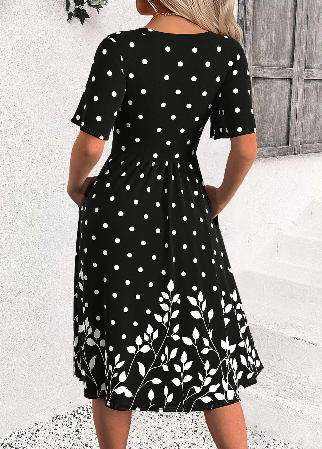 Luna Black Polka Dot Half Sleeve Round Neck Dress