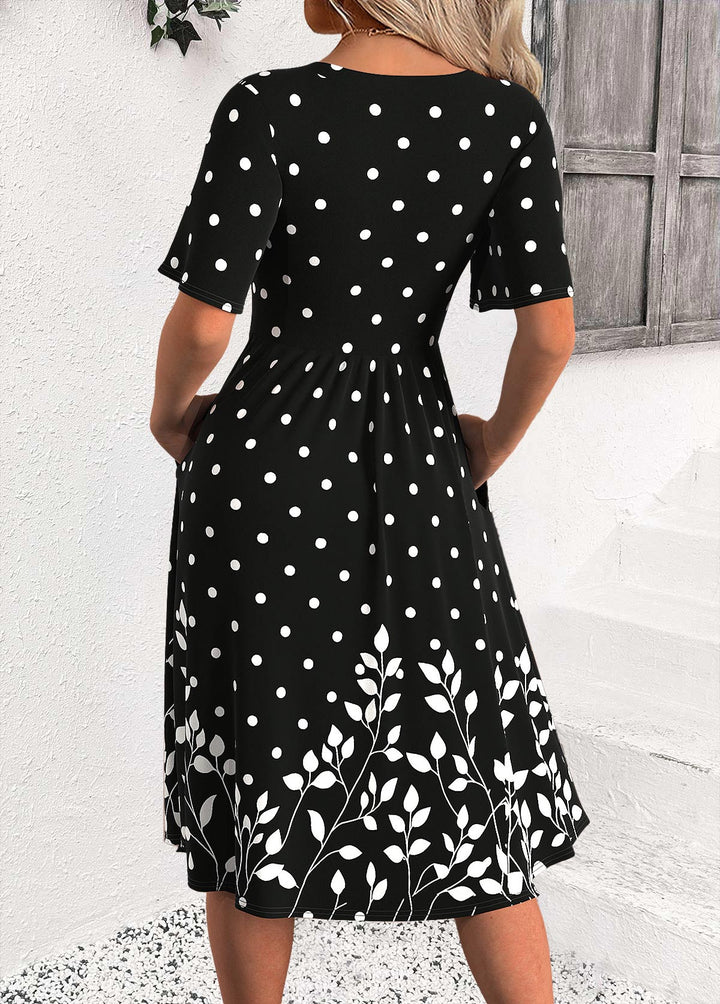Luna Black Polka Dot Half Sleeve Round Neck Dress