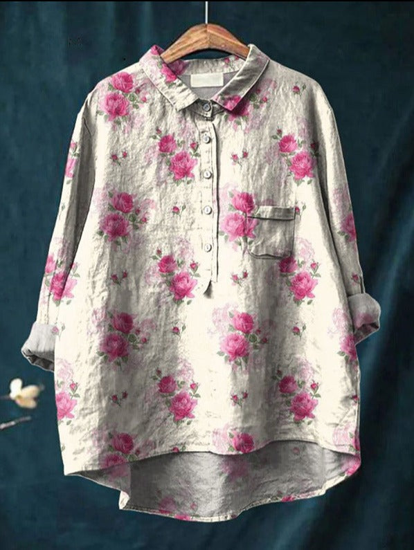 Caroline | Cotton Linen Floral Blouse